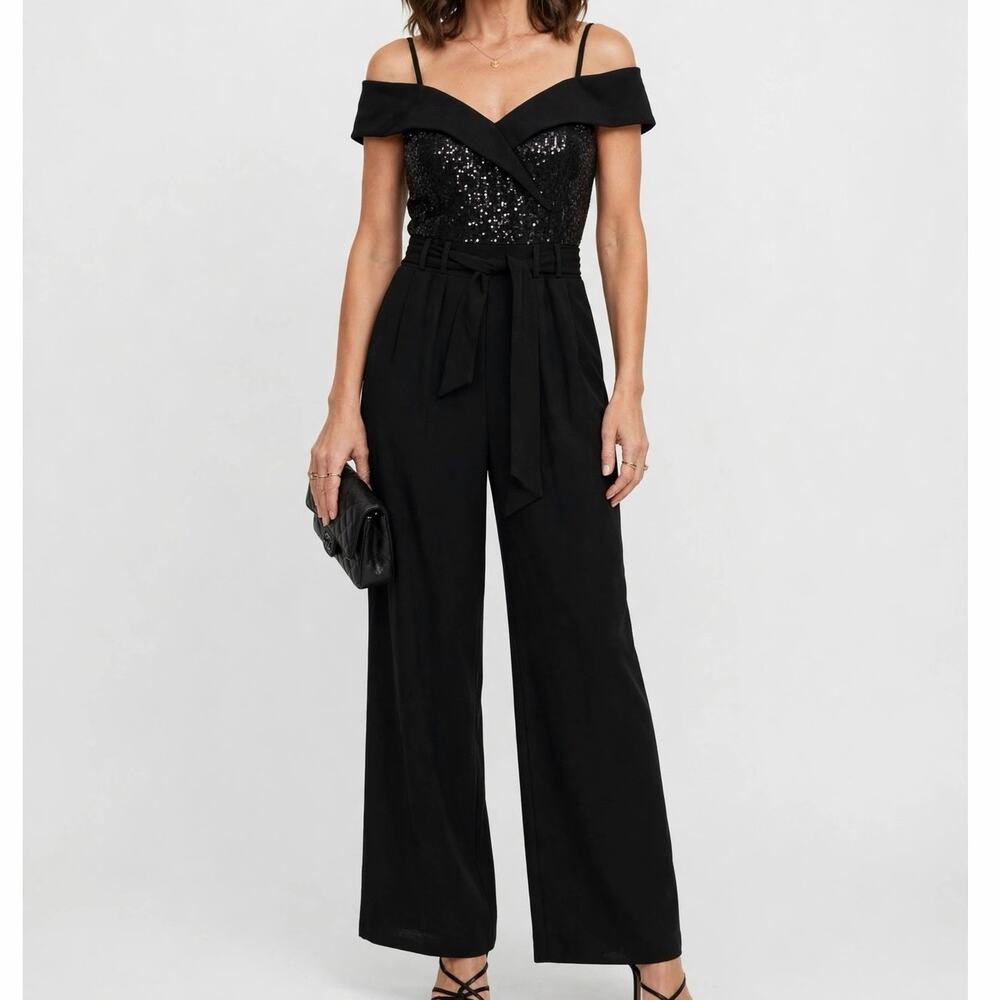 Shelby Nites Black Sequin Off Shoulder Wide Leg Jumpsuit Size 14 Formal Evening